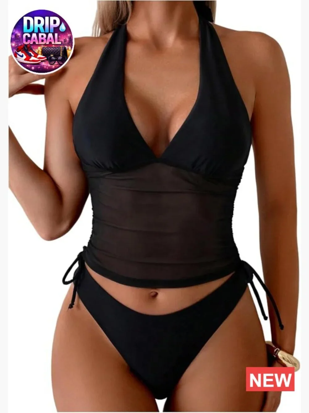 Women's Halter Tankini Two Piece V Neck Sheer Mesh Drawstring Swimsuits